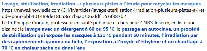 Liste des modes possibles de nettoyage des masques à usage unique