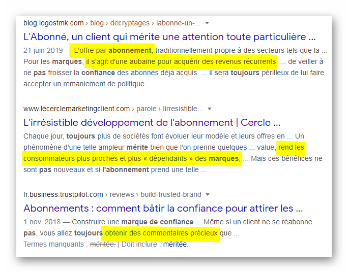 3 premiers résultats du moteur de recherche de Google sur la notion d'abonnement