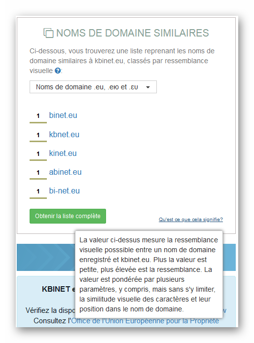 Affichage des noms de domaines similaires à kbinet